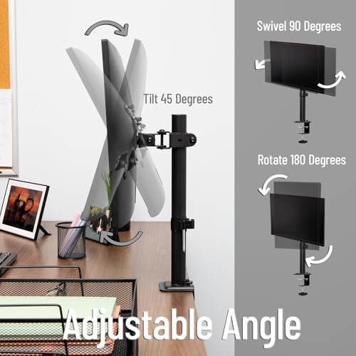 Mind Reader Single Monitor Desk Mount for 13"-32" Screens, VESA 75x75/100x100, 180° Rotation, ±90° Swivel, ±45° Tilt, 17.6 lb Load Capacity, Cable Management, Quick Release, Black
