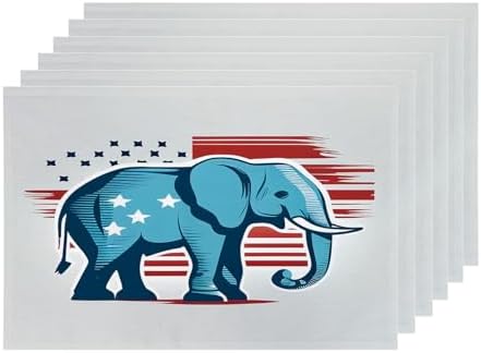 Shrahala American Flag Set of 6 12 X 18 Inch Linen Placemats, Stars and Stripes Elephant Burlap Table Mat Washable Double Layered Heat Insulation for Indoor/Outdoor