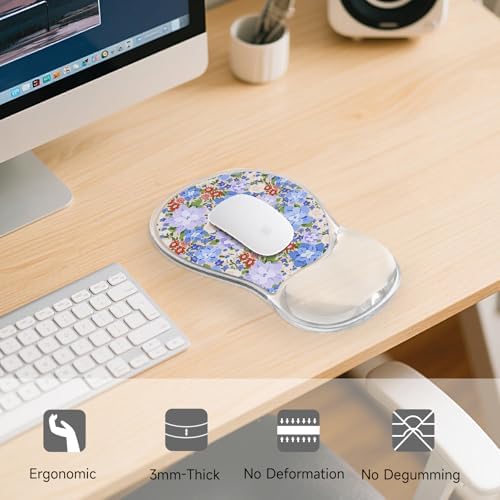 AUPET Ergonomic Mouse Pad with Gel Wrist Support – Non-Slip Mouse Mat with Comfortable Memory Gel Cushion – Relieves Wrist Pain – Designer Pattern for Home Office & Gaming (Violet-Blue Blossom Patch)