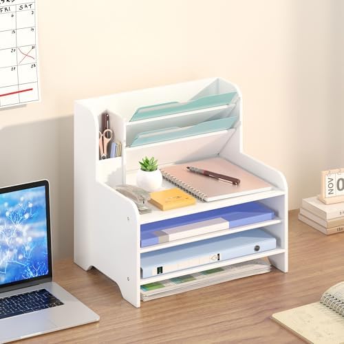 Bamboo File Organizer for Desk, Desktop Paper Tray and Mail Holder