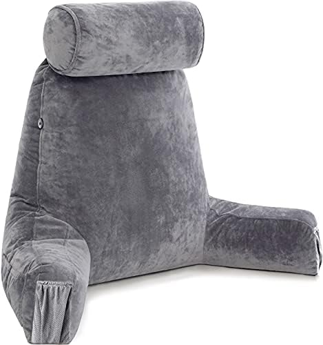 Husband Pillow Medium Reading Pillow with Arms - 23" Backrest for Sitting Up in Bed - Firm Support Bed Rest Pillow for Adults, Neck Roll, Removable Cover - TV, Reading, Lounging - Dark Grey