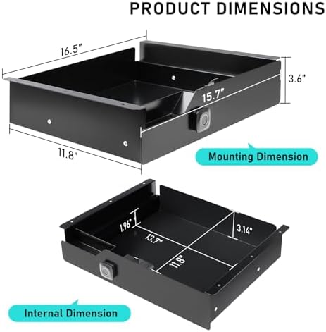 Under Desk Drawer with Biometric Fingerprint Lock, Metal Undermount Table Drawer, Slides out Tray Organizer for Paper, Pencil, and Laptop 16"x11.8"x3.6", Black