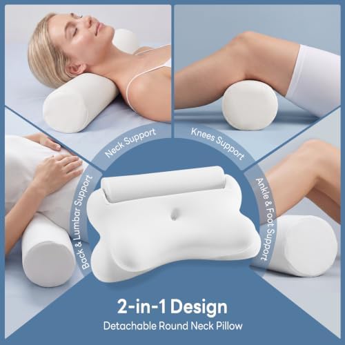 Sweetcrispy Cervical Pillow for Neck Pain, Ergonomic Contour Memory Foam Pillow with Detachable Roll Support, Cooling Breathable Cover for Side Back Stomach Sleepers, White