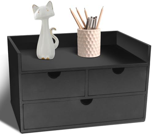 Charmewooden Bamboo Desk Organizer 3 Drawer with Shelf, Countertop Organizer with Drawers Makeup Storage Drawer 3 Drawers Tabletop Storage Organization Box Home Office Workspace（Black）