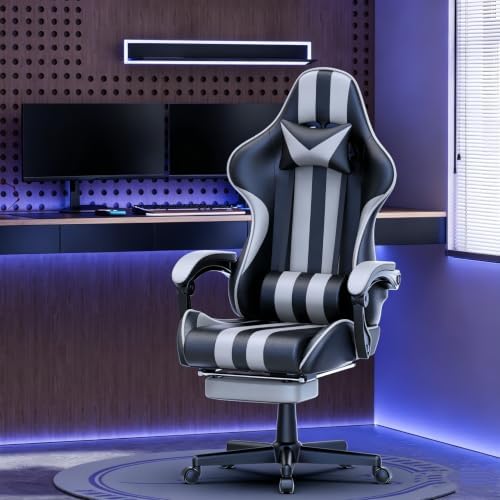 Huracan Gaming Chair with Footrest, Adjustable Ergonomic Computer Office Chair with Lumba Pillow, Video Game Computer Chairs for Adults, Racing Style Reclining Backrest Office Desk Chairs, Grey