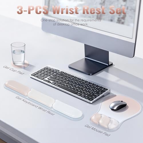 Ospelelf Mouse Pad with Wrist Rest Set Gel Ergonomic Keyboard Wrist Support Anti-Slip Rubber Bottom Office Women Desk Accessories for Computer, Laptop and Gaming, Pink