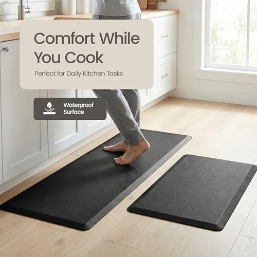 Anti Fatigue Kitchen Mats for Floor | Padded Kitchen Rugs | Non Slip, Cushioned Standing Desk Mat | Waterproof Floor Mat | 17.3" x 28" x 0.47" & 17.3" x 59" x 0.47", Black, 2-Pack | More Décor