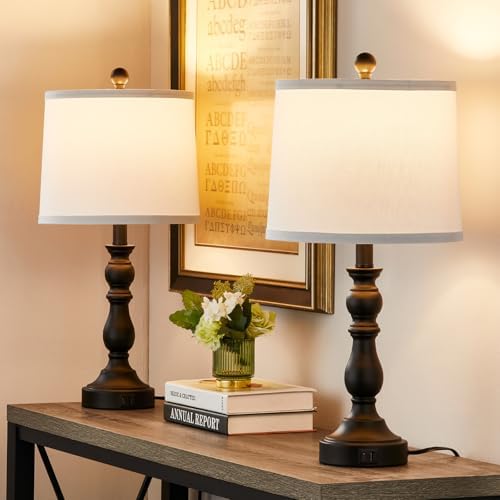 Black Table Lamps Set of 2, Black Lamps for Bedroom, USB C+A Ports