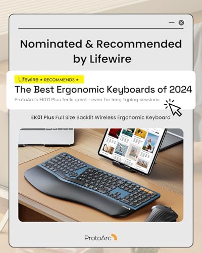 ProtoArc EK01 Plus Backlit Bluetooth Ergonomic Keyboard, Full Size, Blue