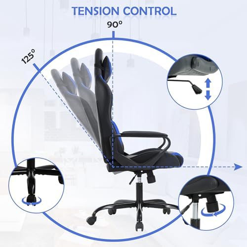 Blue Gaming Chair - High Back Ergonomic Office & PC Gaming Chair with Wheels, Reclining & Adjustable Headrest & Lumbar Support