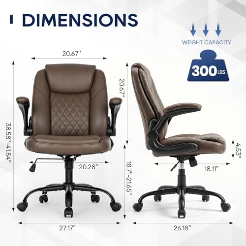 MALOL Leather Office Chair, Home Desk Chair with Flip-up Arms, Brown
