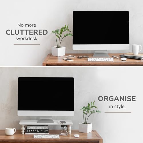 Anji Mountain Monitor Stand for Desk - Desktop Organizer & Laptop Riser, Ergonomic Monitor Riser, Space-Saving, Durable, Easy Assembly & Ideal for Home & Office,White Wash, 24-Inch, Power Edition