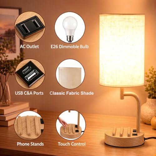 Dreamholder Touch Control USB Table Lamp with USB C/A & AC Outlet, 3-Way Dimmable Bedside Lamp, Modern Nightstand Lamps for Bedroom Living Room Guest Room Office, Bulb Included, Woodgrain
