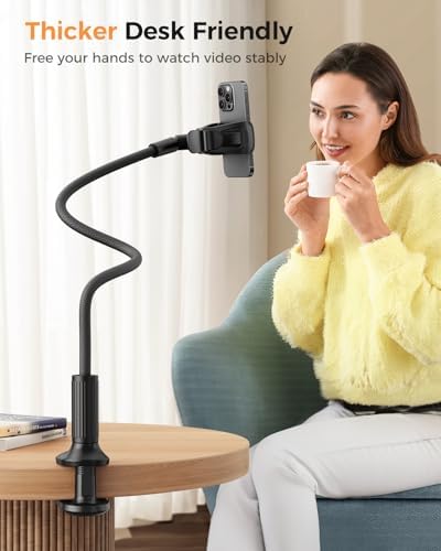 SAIJI Gooseneck Phone Holder for Bed Overall Length 38.6” Flexible Leather Wrapped Arm Overhead Cell Phone Mount Stand with 360° Adjustable Clamp Clip, Compatible with All 4-7” Cellphones (Black)