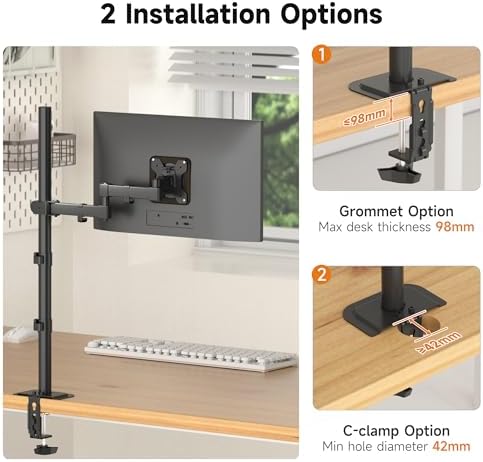 Bracwiser Single Fully Adjustable Standing Height Monitor Arm Stand Mount 800mm Tall for Monitor Computer Screen 13 15 17 19 20 22 23 24 26 27 30 32 inch VESA 75 100 (MD7821)