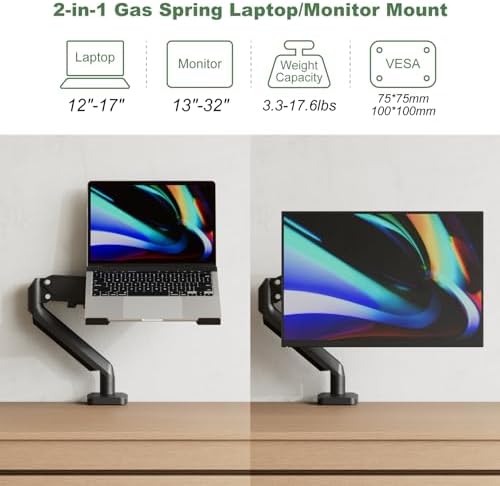 2-in-1 Gas Spring Laptop Desk Mount for 12"-17" Notebook/13"-32" Monitor