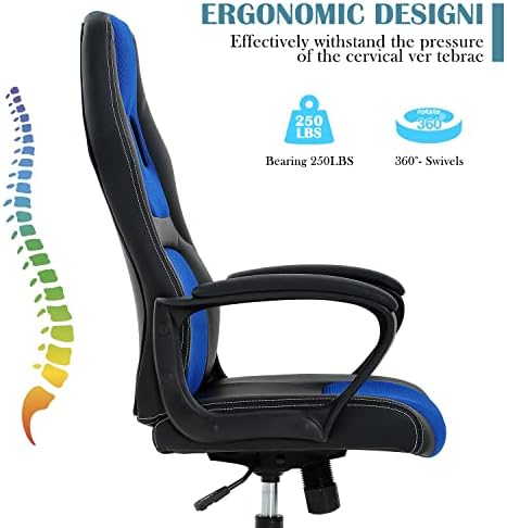 Blue Gaming Chair for Kids, Ergonomic Office Chair Computer Chair with Adjustable High Back & Armrest, PU Leather Gamer Chair with 360°Swivel, Heavy Duty Gaming Chairs for Adults, Teens