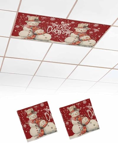 Snowman Red Magnetic Fluorescent Light Covers for Ceiling Lights 2 x 4 Feet,Vintage Christmas Snowflakes Watercolor Office Classroom Kitchen Drop Ceiling Light Covers Filters Shade Panel 2 Packs