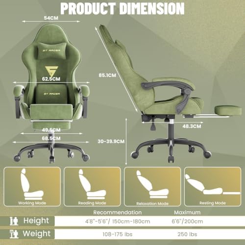 Ferghana Ergonomic Velvet Gaming Chair with Massage, Footrest & Reclining High Back, Racing Style Computer Desk Chair for Adults, Home Office Use, Green