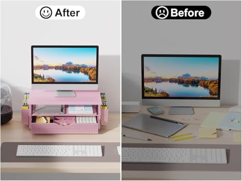 gianotter Monitor Stand with Drawer and 2 Pen Holders (Matte Pink)