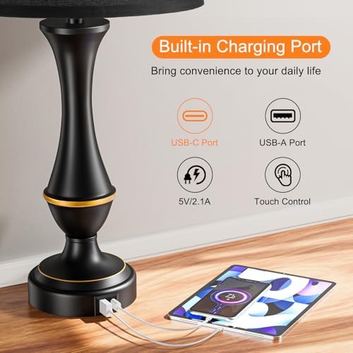 Touch Lamps for Nightstand, 3 Way Dimmable Lamps for Bedroom with USB C+A
