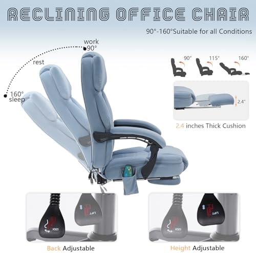 Massage Office Chair with Foot Rest 6 Points Vibration and Heat Home Office Desk Chairs for Heavy People 400lbs Reclining Managerial Chairs Ergonomic Executive Chair (Dustyblue)