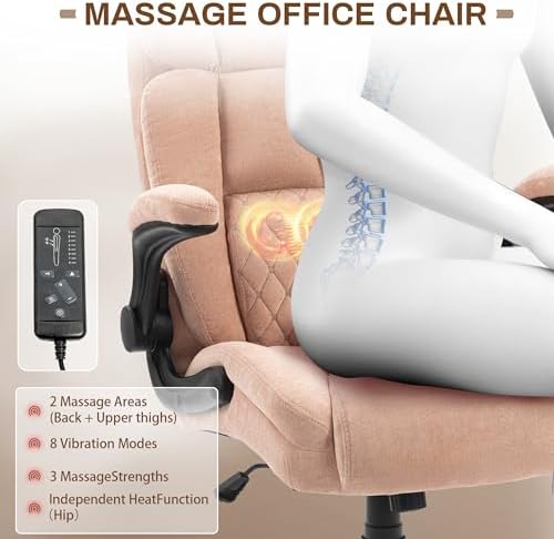 Massage Office Chair,500LBS Ergonomic Rocking Executive Desk Chairs with 4 Points Vibration&Heat,Padded Flipup Armrests for Big and Tall Office Chair,Swivel Computer Chair Pink