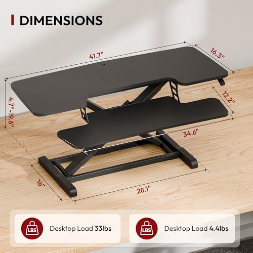 SANODESK 42" Extra Large Standing Desk Converter, Height Adjustable Sit Stand Riser with Wide Keyboard Tray, Dual Monitor Workstation for Home Office, Ergonomic Desktop Riser, Black