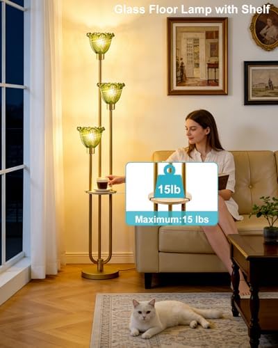 Lightdot Green Flower Glass Floor Lamp with Table Gold Floor Lamp 3-Light