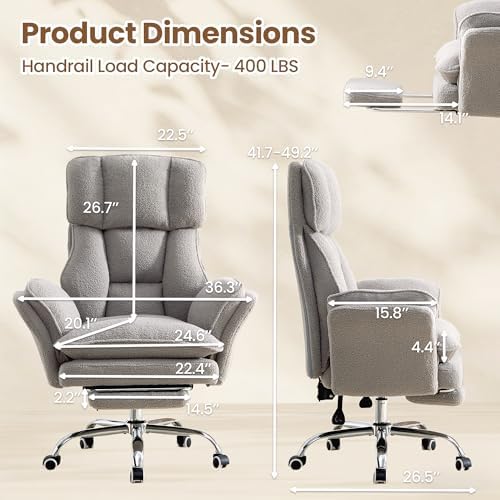 Big and Tall Office Chair with Flip Arms and Footrest, Teddy Criss Cross Legged Home Office Desk Chair with Pet Seat, Comfy Reclining Computer Gaming Chair, Grey