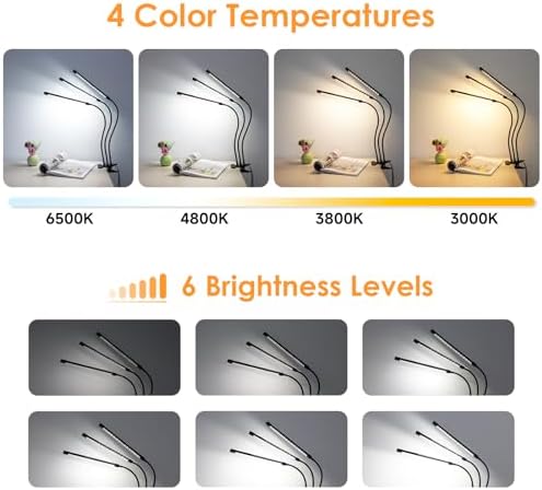ShineTech 3-Head LED Desk Lamp with Clamp, Eye-Caring Clip on Lights