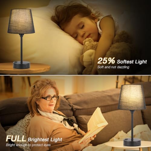 Black Bedside Lamps Set 2 for Bedroom - Dimmable Touch, USB C+A, AC Outlet
