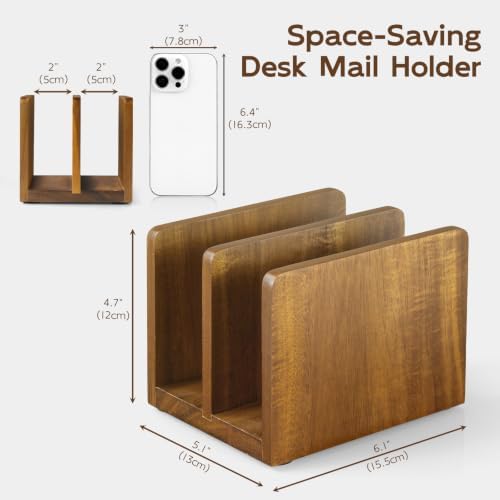 Mail Organizer, Acacia Wood Mail Holder for Desk, Letter Holder with 2 Slots for Countertop, Small Envelope Holder, Desk Organizers and Accessories for Home Office