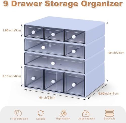 Desk Organizer with 9 Drawers, 4 Tier Plastic Stackable Storage Drawers for Desk Storage, Office Stationary Makeup Organizer Suit for Home, Office and School