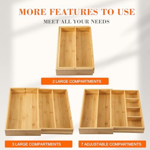 Bamboo Sliding Desk Drawer Organizer 8.2'' up to 16.4'' x 14.4'' x 2.2'' Expandable Office Desk Accessories Supplies Tray with 7 Compartments for Pens, Notebooks, Rulers, and Makeup Jewelry Vanity