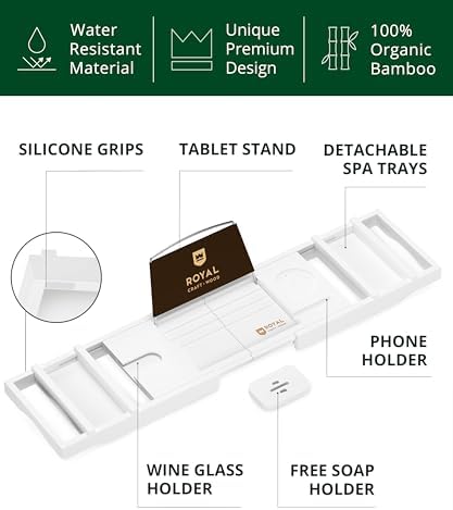 ROYAL CRAFT WOOD Premium Foldable Bathtub Tray Caddy - Wood Bath Tray for Tub, Bamboo Shelf, Expandable Bath Table Trays, Bathtub & Bathroom Accessories for New Home & Mothers, Birthday Gifts for Mom