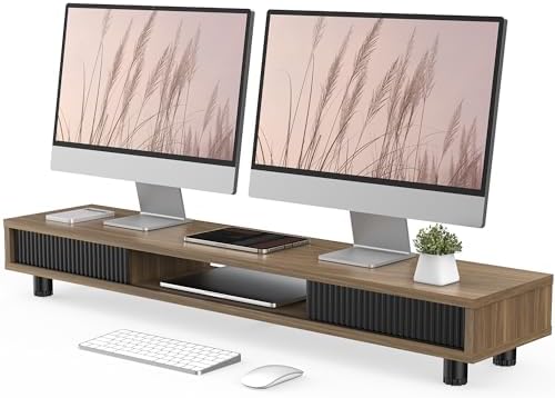 Fenge Dual Monitor Stand with Storage, Desk Shelf with Glass Sliding Door