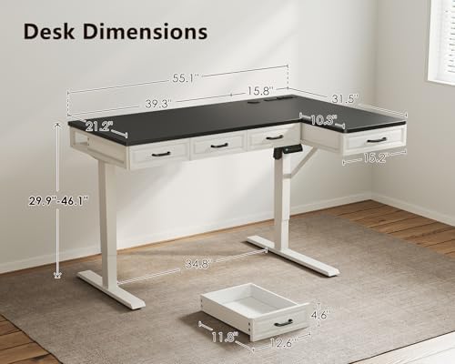 OffiGo 55 Inch L Shaped Standing Desk with 4 Wooden Drawers, White+Black
