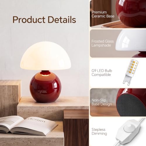 Dawnwake Mushroom Lamp Table Lamp for Bedroom-Small Table Lamps,Wine Red