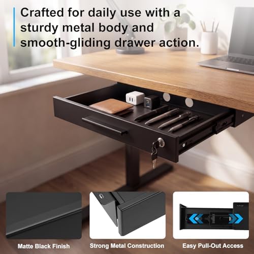 Menkxi 22'' x 14'' Under Desk Drawer Slide Out Storage Organizer, Lockable Metal Desk Drawer for Laptop and Office Accessories, Large Hidden Under Table Storage Box with Cable Management, Black