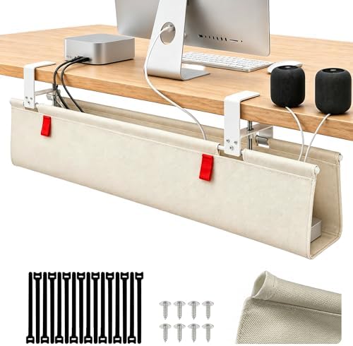 Under Desk Cable Management No Drill – 28" L x 6" W Cord Organizer, Upgraded Silicone Pads (No Scratch), 16 Cable Slots, Washable PE Honeycomb Base, Fits Desks 0–2.1" Thick, Beige