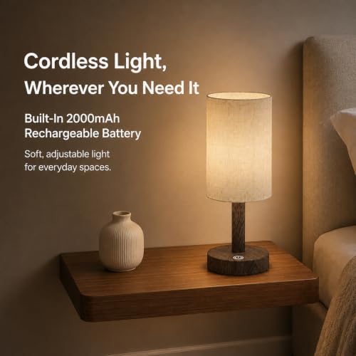 Small Rechargeable Cordless Table Lamp, Nightstand to Desk, Dark Walnut