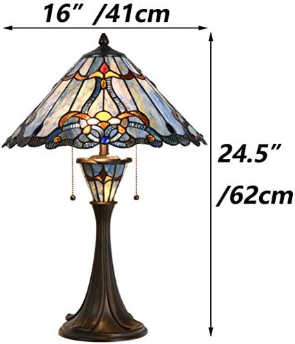 Bieye L10684 Baroque Tiffany Style Stained Glass Table Lamp with 16 inch Wide Blue Shade Double Lit for Bedside Living Room Bedroom, 24.5 inch Tall