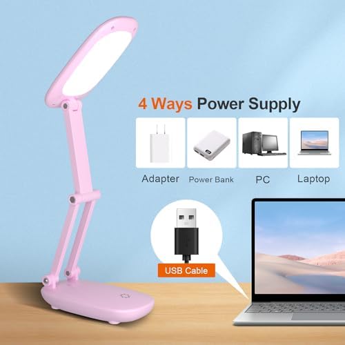 Akejrym LED Desk Lamp for Office Home & Battery Operated Lamp Rechargeable Lamp Foldable & Portable Light, [2-Fold Bracket] 3 Brightness Dimmable Small Desk Lamp Wireless Reading Lamp (Pink)