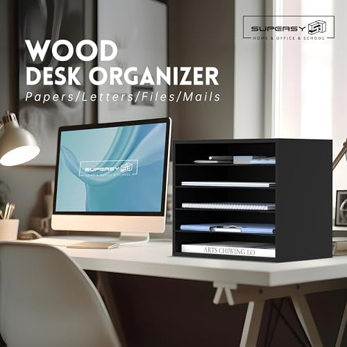 5 Tier Wood Desk Organizer, Mail Sorter and Paper Organizer for Desk, Black