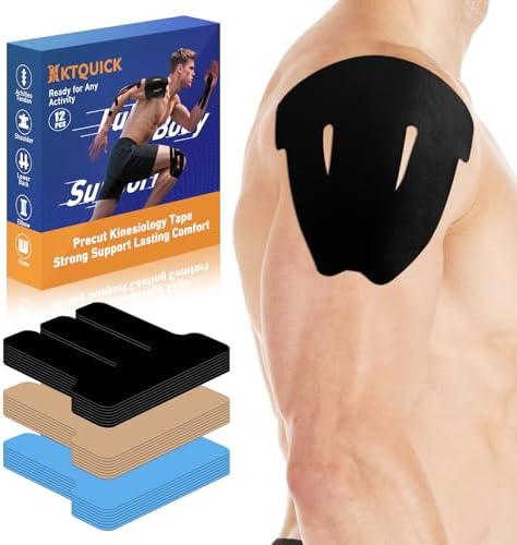 KTQUICK Precut Kinesiology Tape for Shoulders, 12 PCS, 20% Stronger, Black