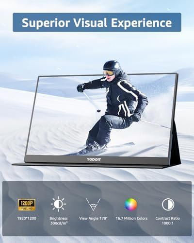 Yodoit Portable Monitor for Laptop 1920×1200 16" FHD Screen IPS Display with USB Type C Port, Built-in Speakers and Smart Cover Compatible with PC, MacBook, Xbox (Black)