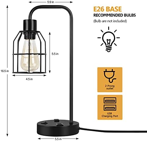 BTY Bedside Lamps Set of 2 Industrial Table Lamp with Dual USB Charging Ports and 2 Prong AC Outlet Farmhouse Nightstand Desk Lamps Edison Lamp with Metal Wire Cage for Bedroom Living Room