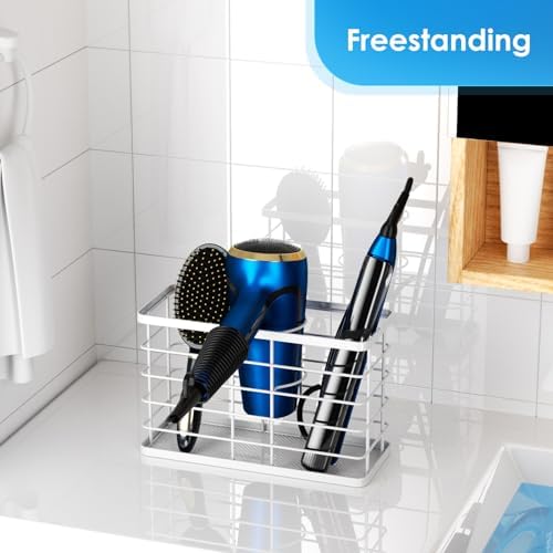 Agotglmi Hair Tool Organizer, Dryer Holder, 3 in 1 Blow Bathroom Organizer Wall Mounted/Cabinet Door for Flat Iron, Curling Straightener, Care & Styling Tools Storage Basket (White)