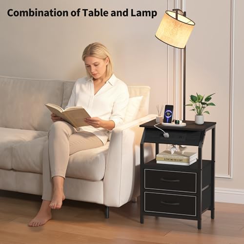 End Table with Floor Lamp, Nightstand with Charging Station, Floor Lamp Table with 3-Color Temperature Bulb, Bedside Table Night Stand with 2 Drawers for Bedroom, Living Room, Black